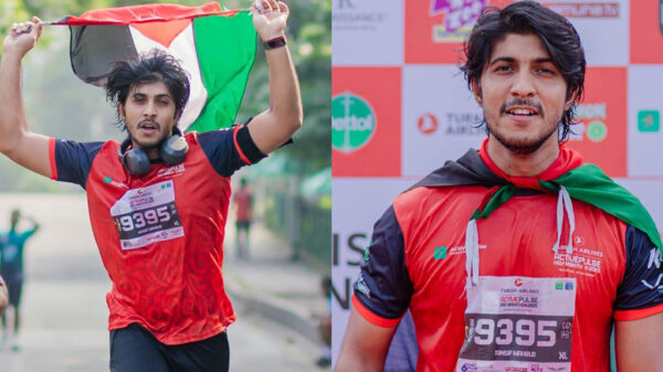 ফিলিস্তিনের পতাকা হাতে ম্যারাথনে তৌসিফ মাহবুব